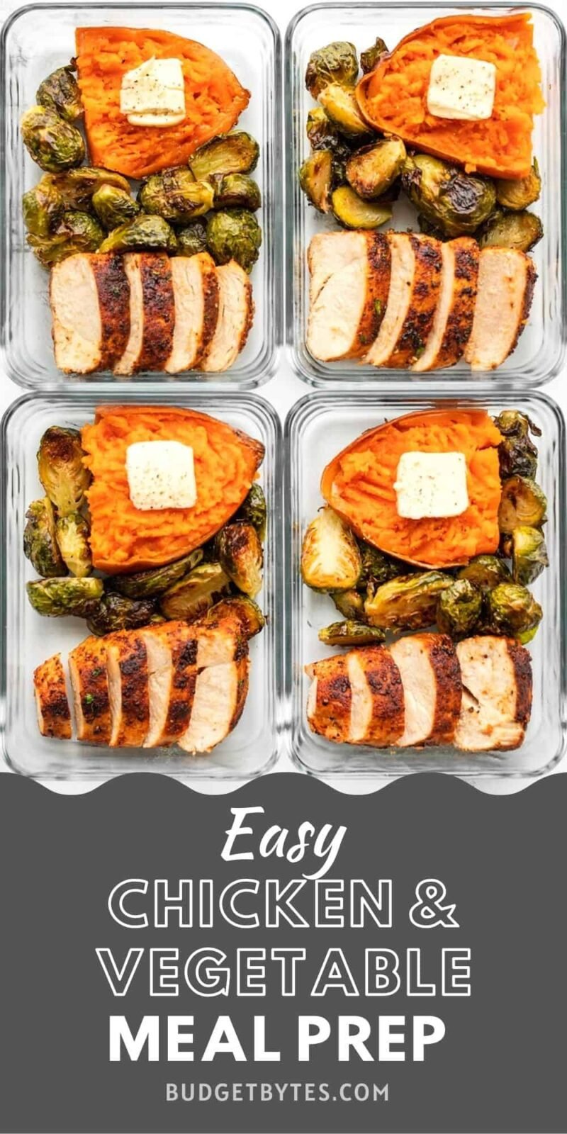 four glass meal prep containers with food, title text at the bottom