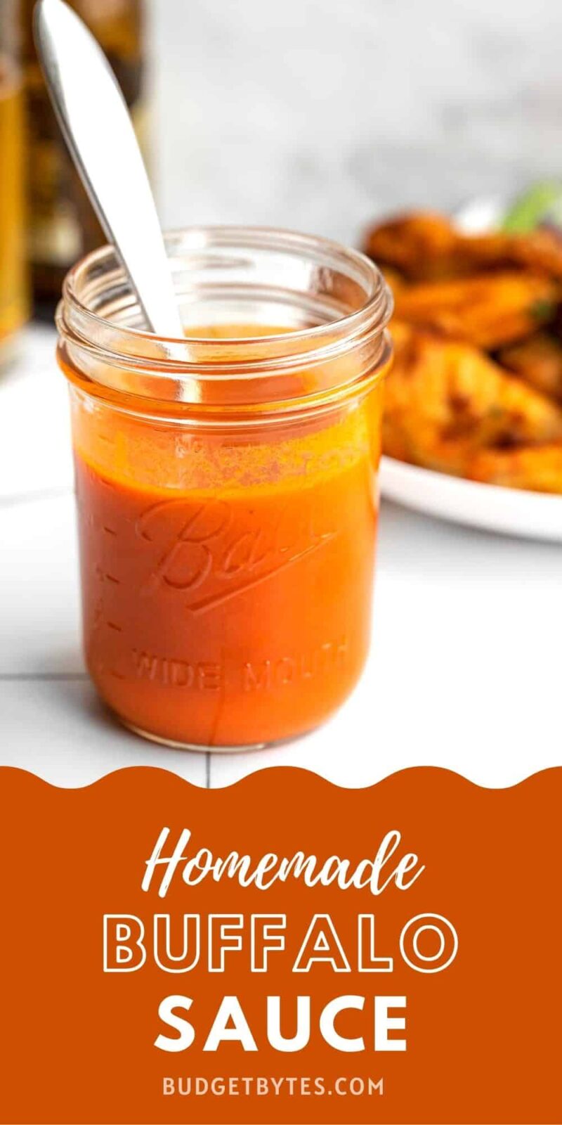 buffalo sauce in a jar, title text at the bottom