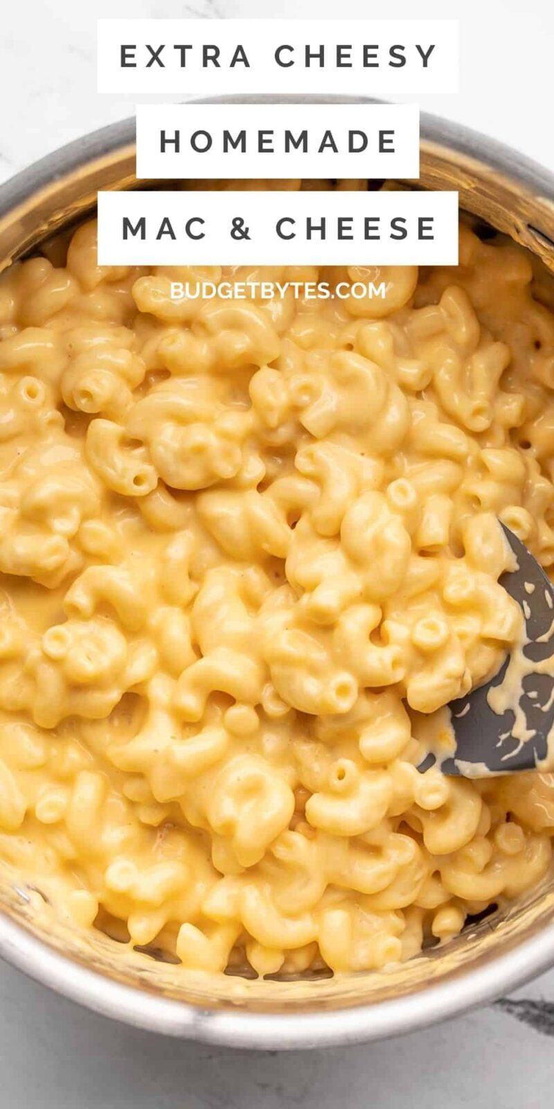 Close up of a pot of homemade mac and cheese, title text at the top