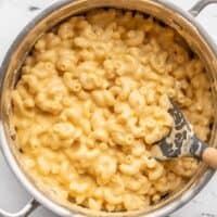 Overhead view of homemade mac and cheese in the pot