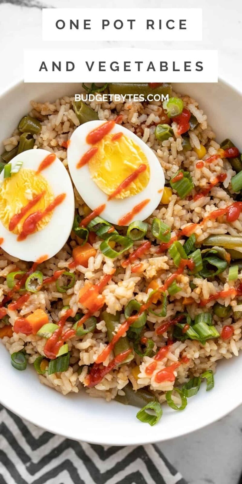 close up overhead view of veggie rice bowl, title text at the top