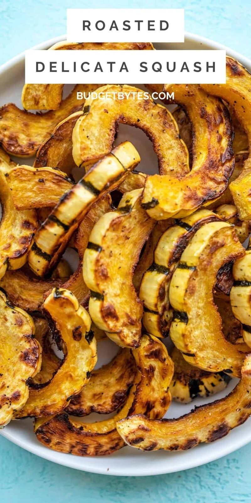 Roasted delicata squash on a plate, title text at the top