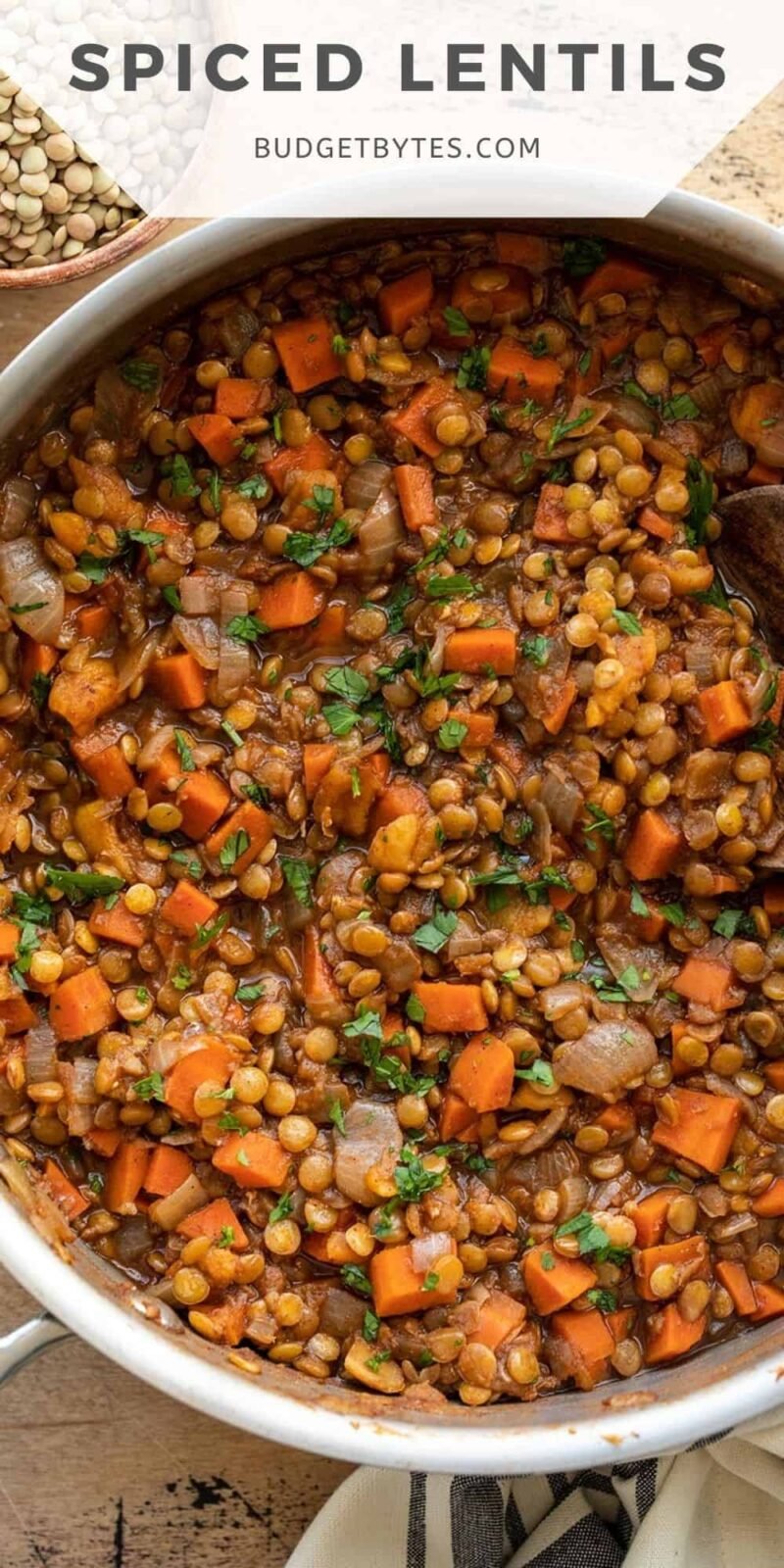 spiced lentils in a skillet, title text at the top