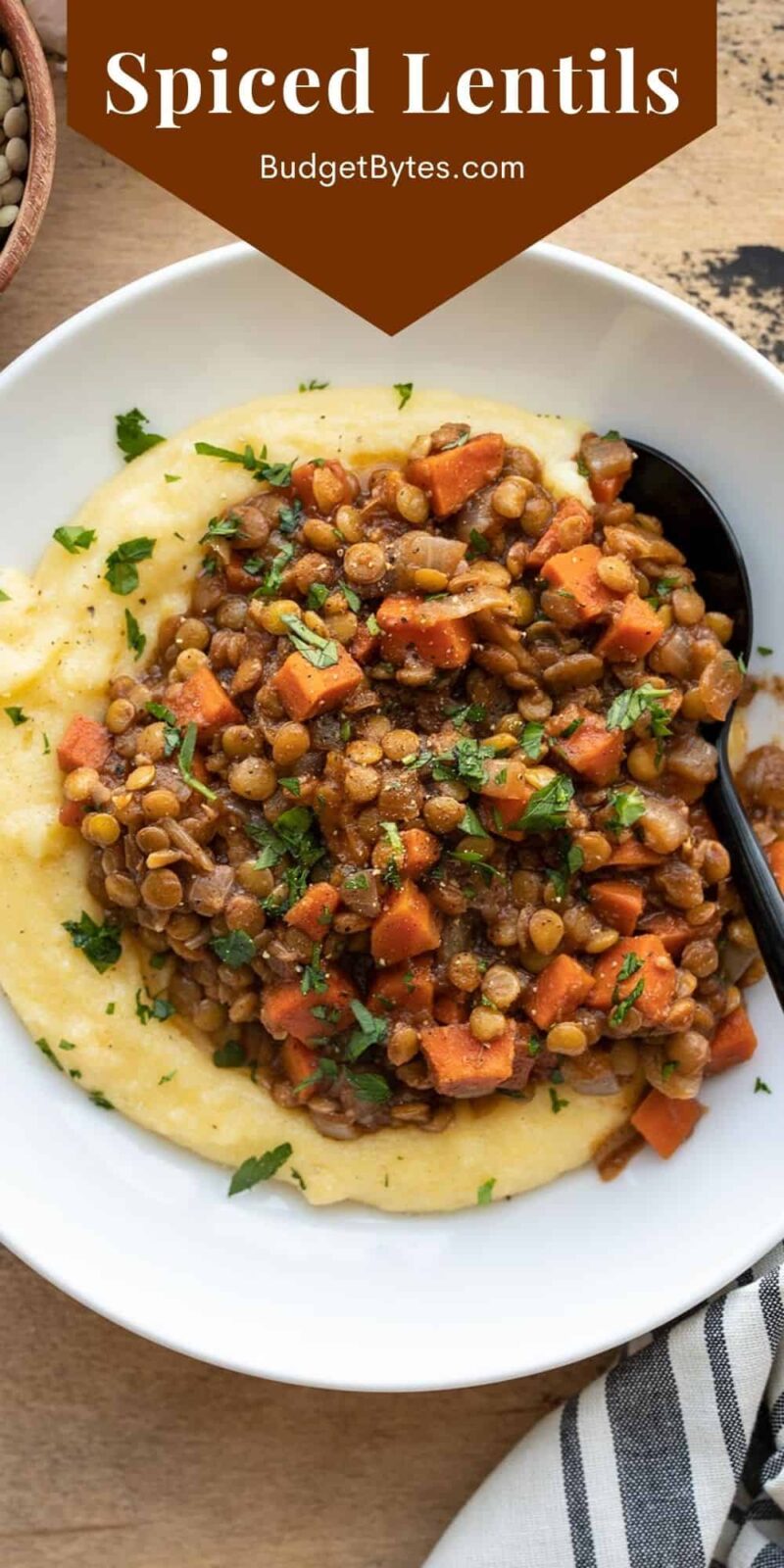 overhead view of a bowl of lentils over polenta, title text at the top
