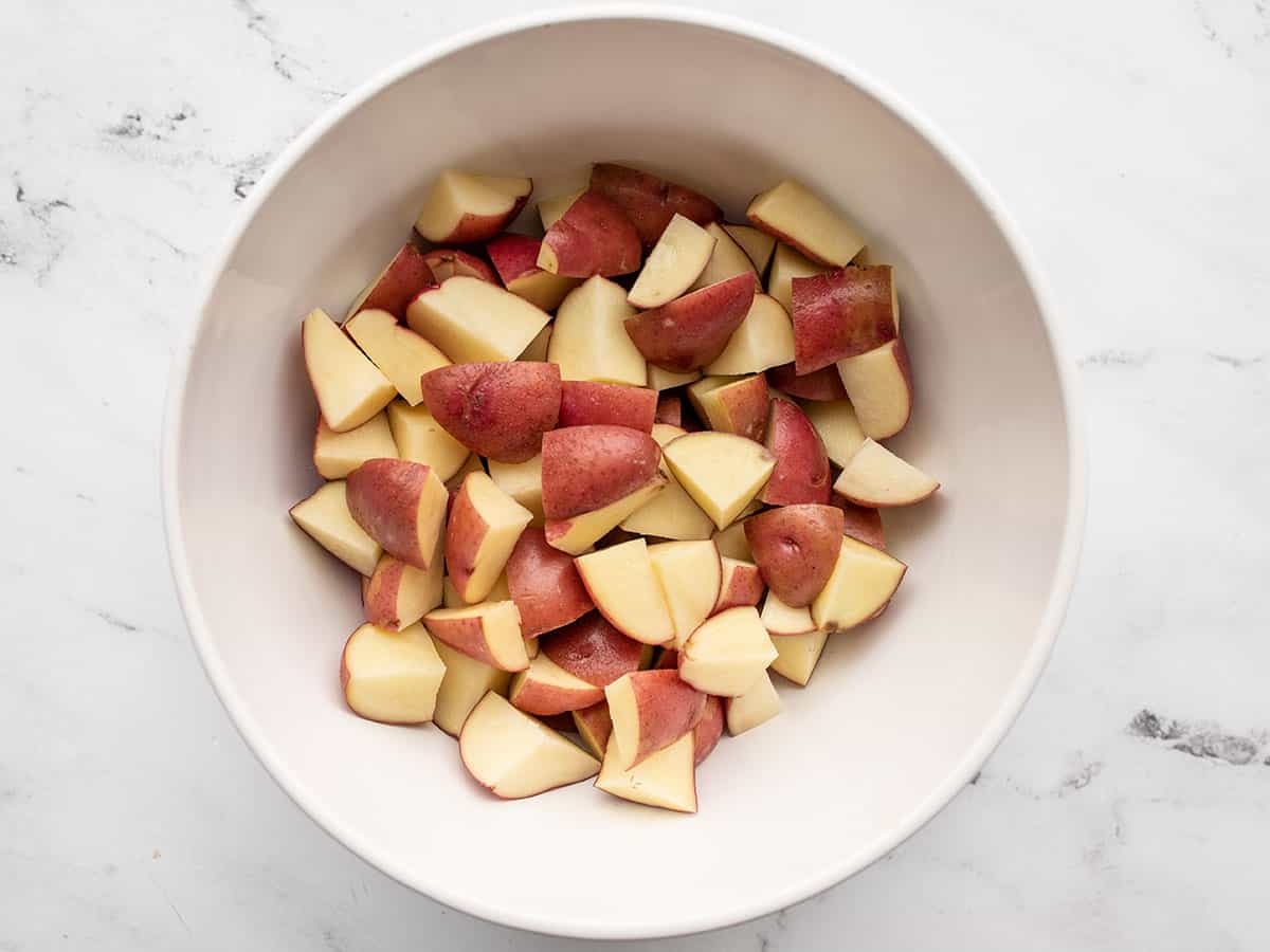 Diced potatoes in a bowl