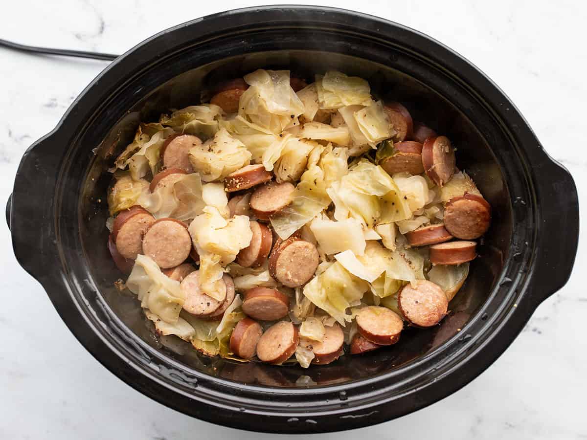 Cooked cabbage, sausage, and potatoes