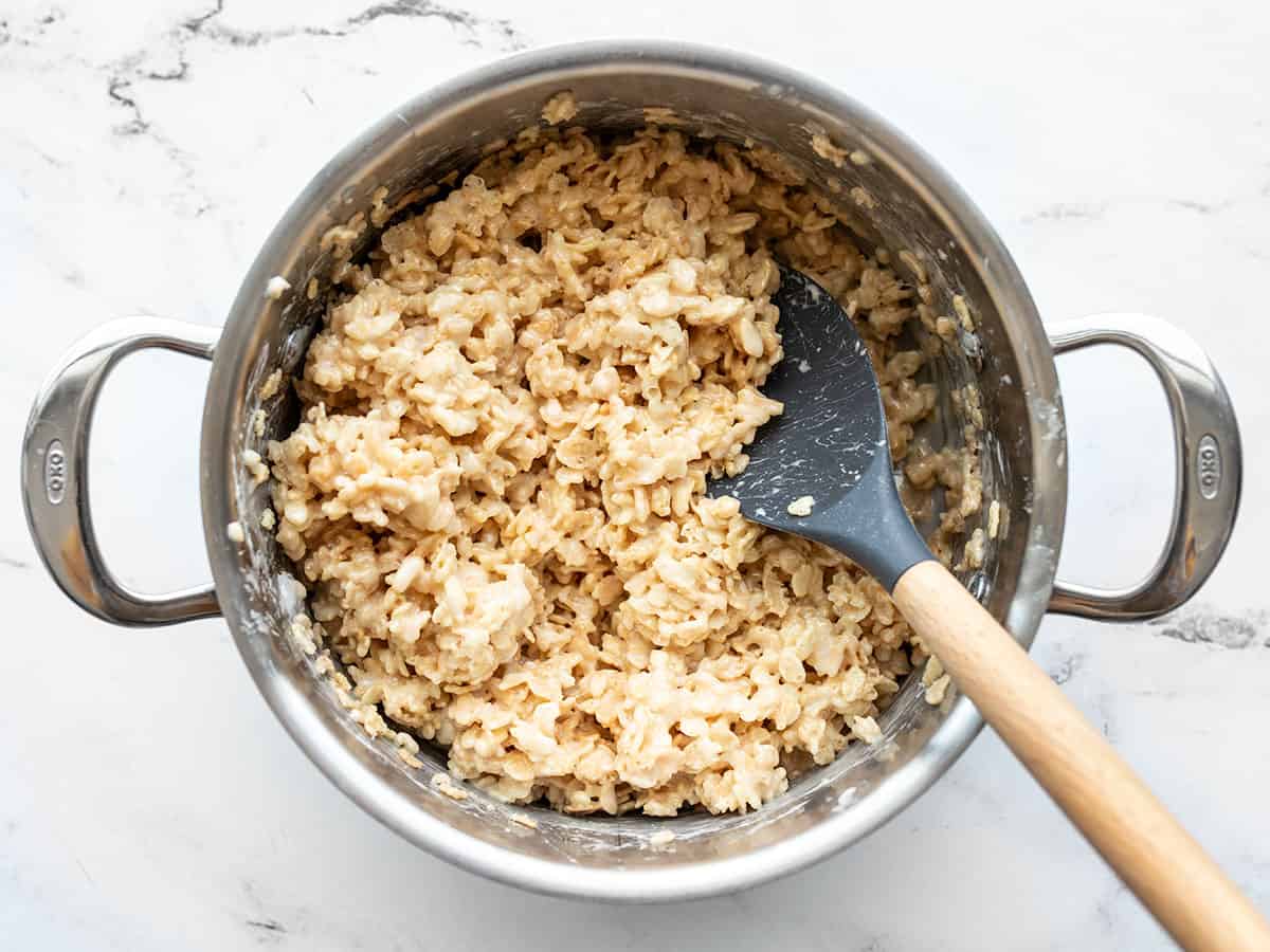 rice krispie treat mixture in the pot