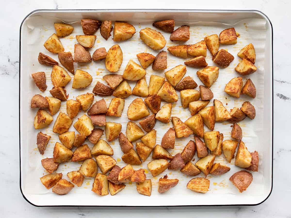 finished roasted potatoes on the baking sheet