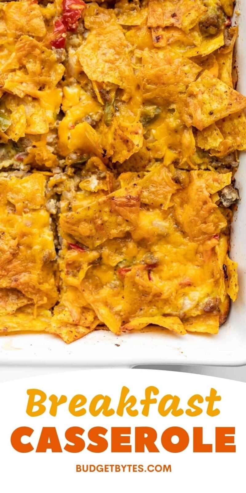 overhead view of sliced breakfast casserole