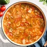 Overhead view of a pot of cabbage soup.