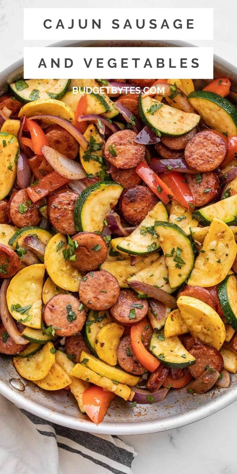 Cajun sausage and vegetables in a skillet