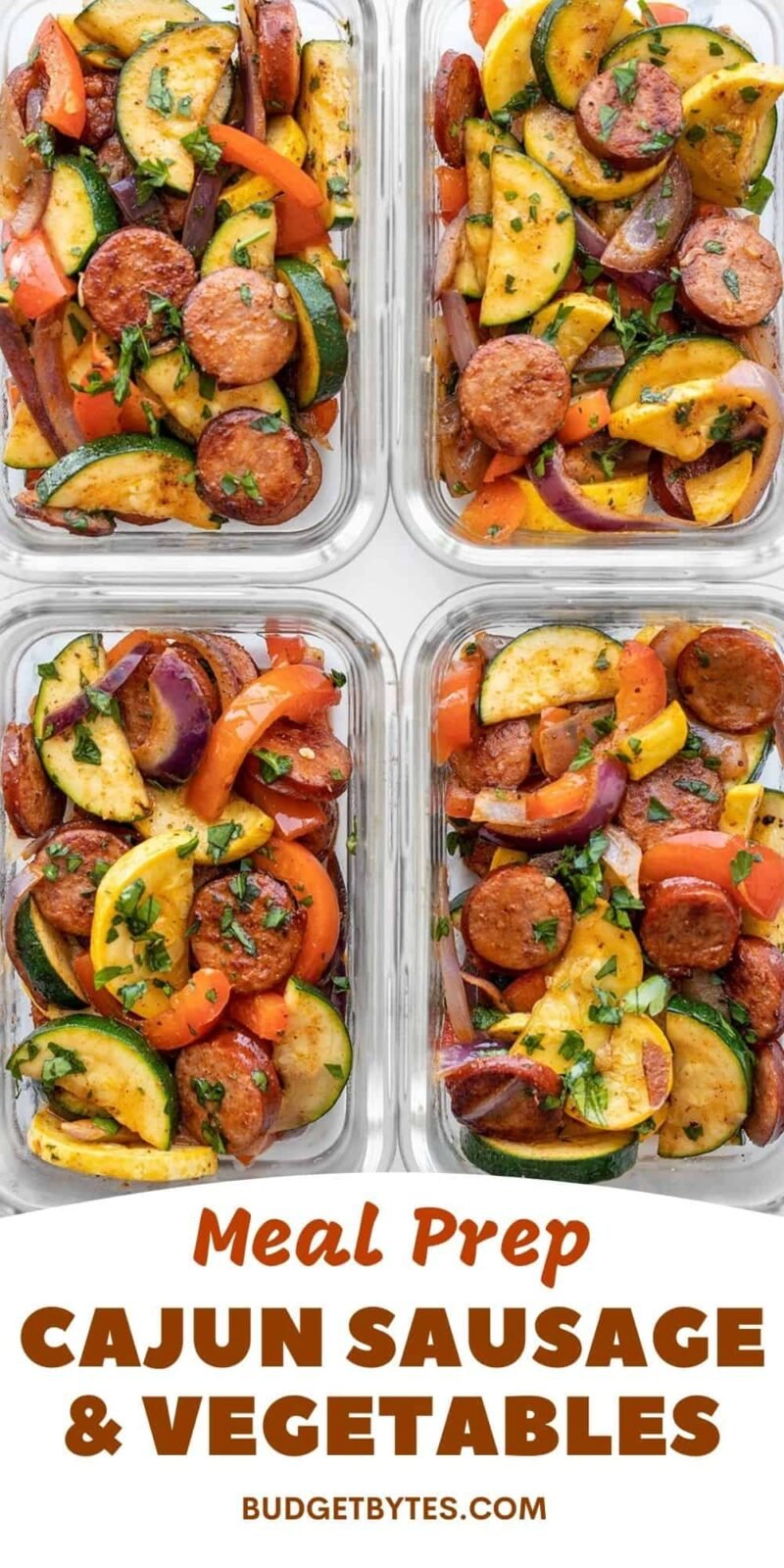four glass meal prep containers with sausage and vegetables