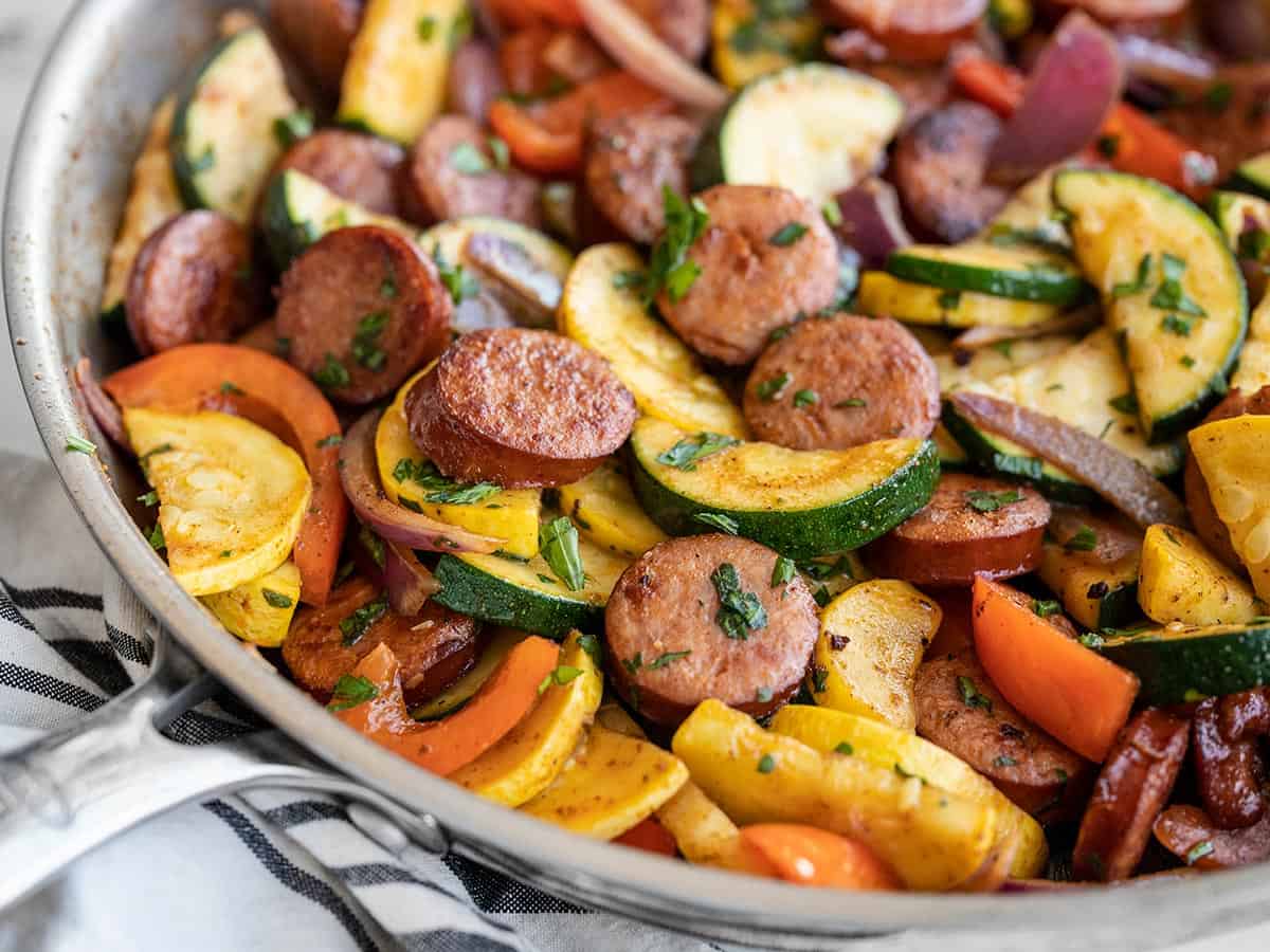 Close up of Cajun Sausage and Vegetables in the skillet