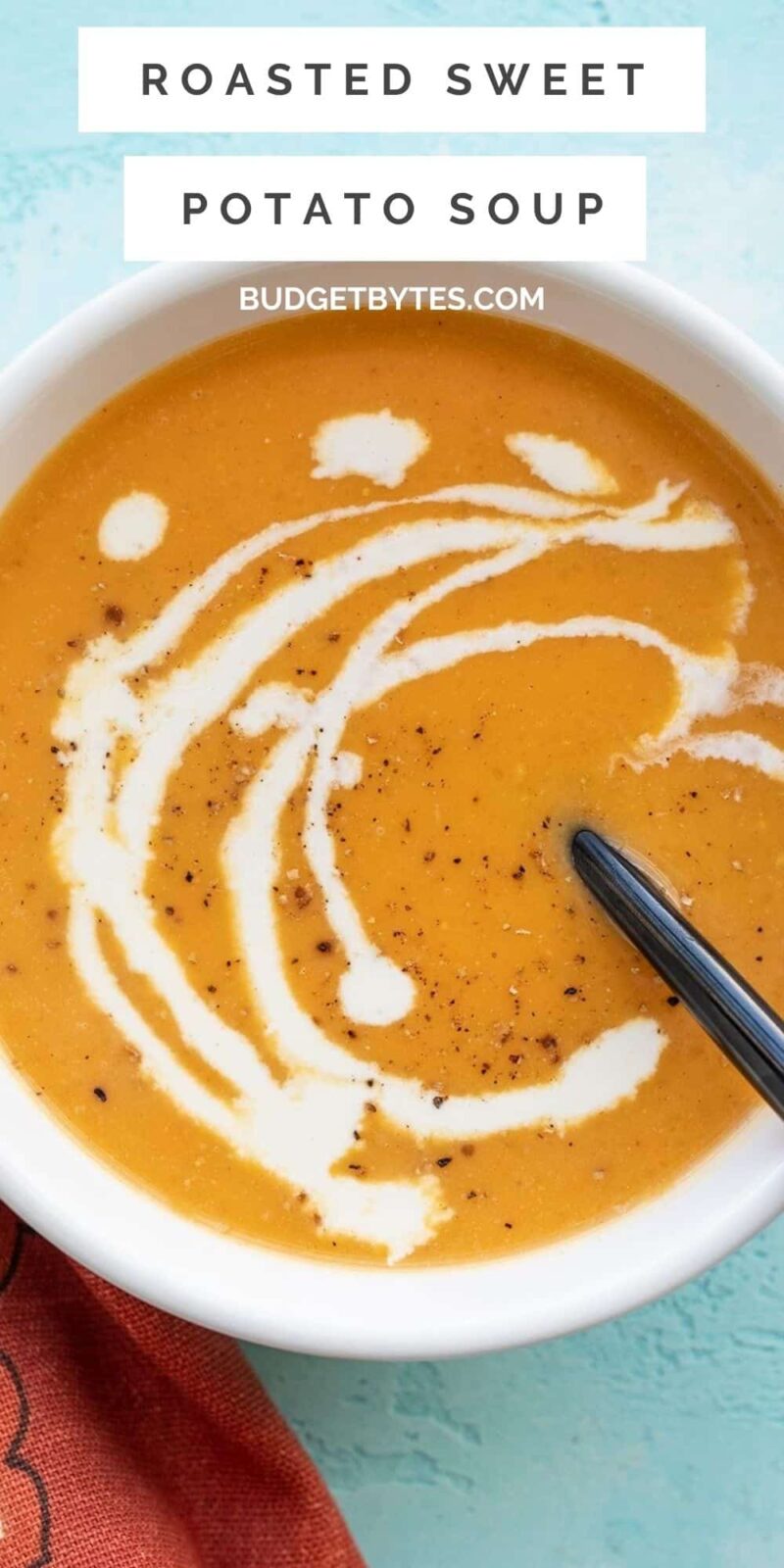 Overhead view of a bowl of creamy sweet potato soup with title text at the top