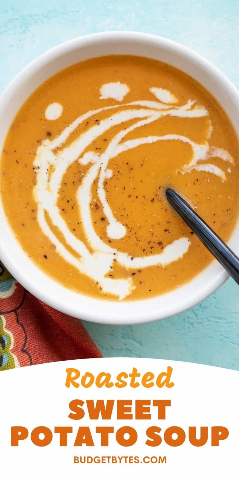 close up of a bowl of sweet potato soup, title text at the bottom