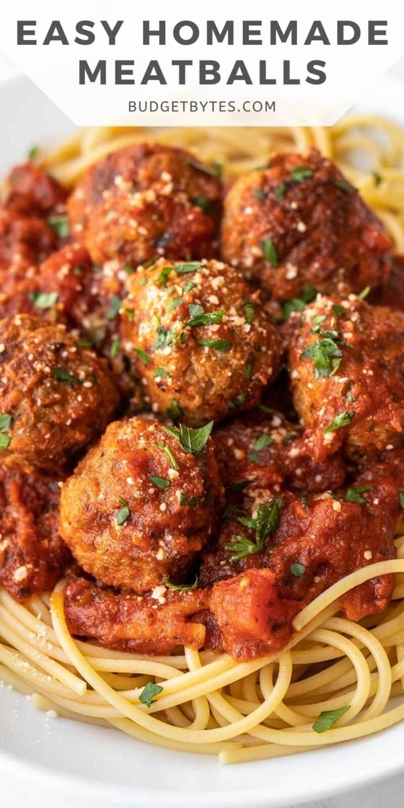 close up of a plate of spaghetti with meatballs, title text at the top