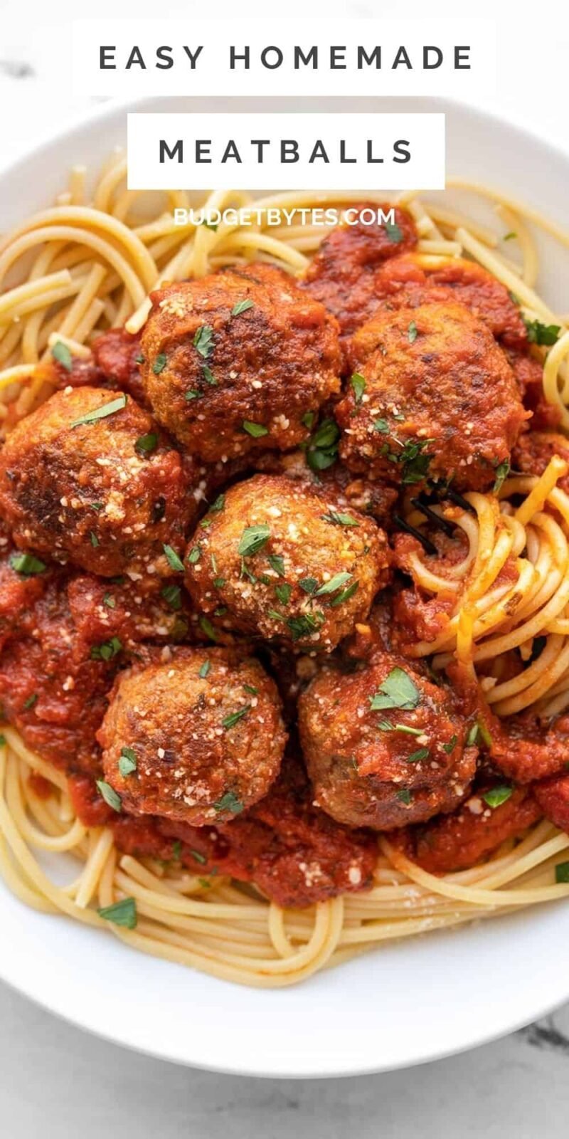 Close up of a plate of spaghetti and meatballs, title text at the top