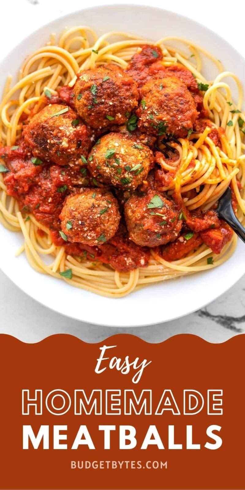 Overhead view of a plate of spaghetti with meatballs, title text at the bottom