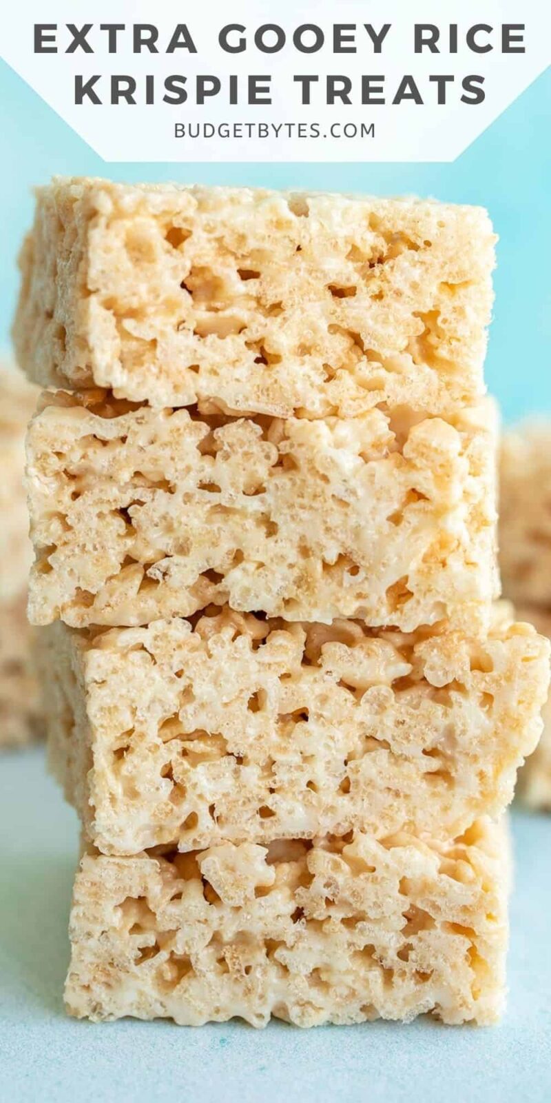 Stacked rice krispie treats with title text at the top