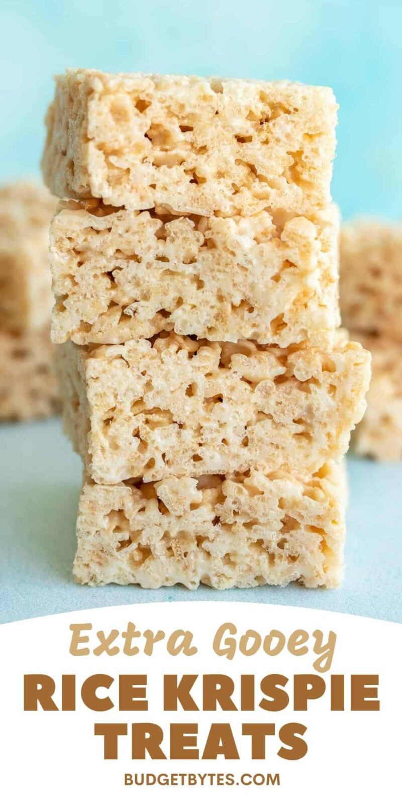 Stacked rice krispie treats with title text at the bottom