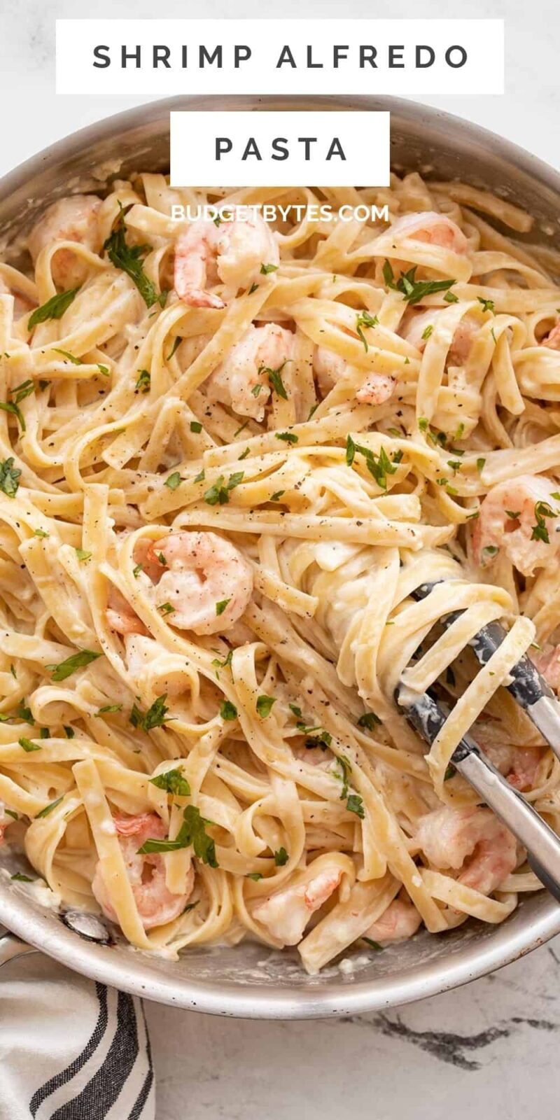 close up of shrimp alfredo pasta in the skillet, title text at the top