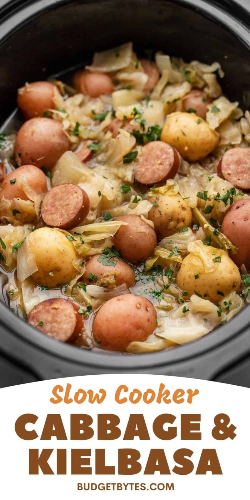 Side view of cabbage and sausage in a slow cooker, title text at the bottom