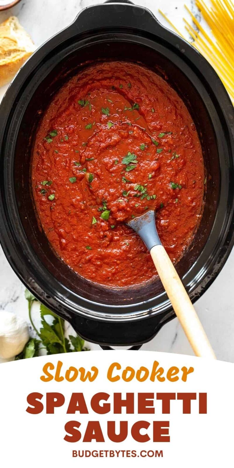 spaghetti sauce in the slow cooker, title text at the bottom