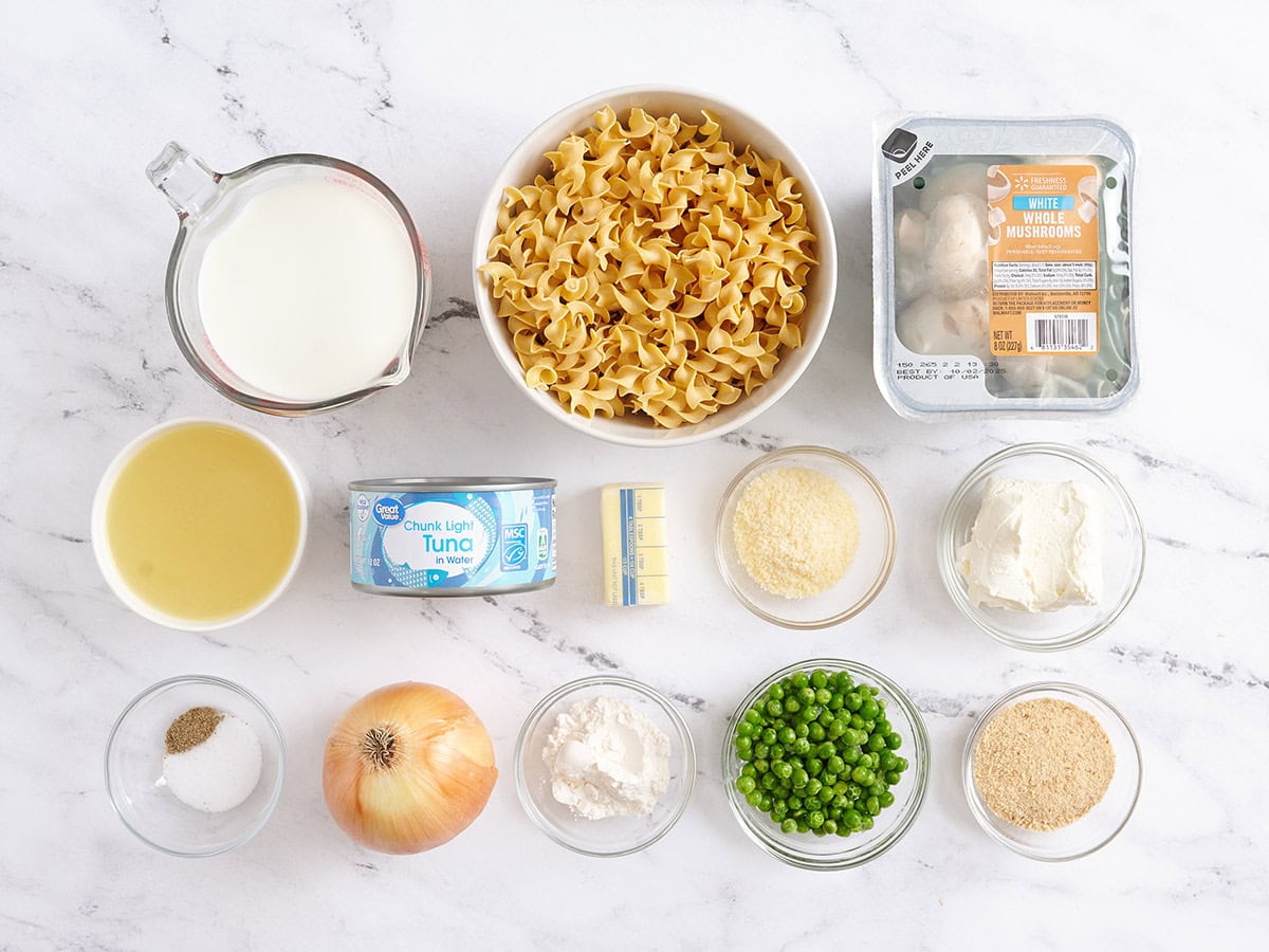 The ingredients to make a tuna noodle casserole.