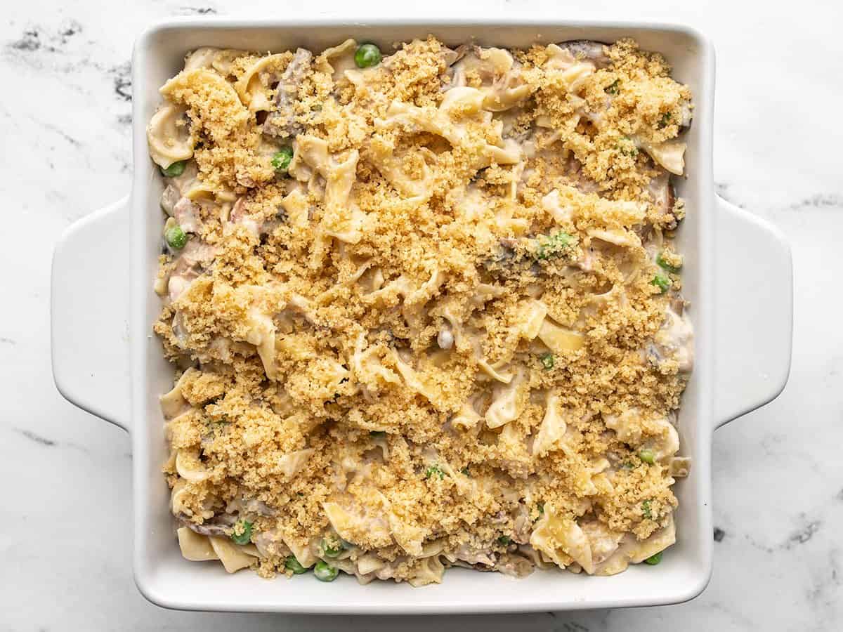 Tuna noodle casserole in the dish ready to bake