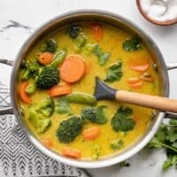 Overhead view of a pot full of 15-Minute Vegetable Curry