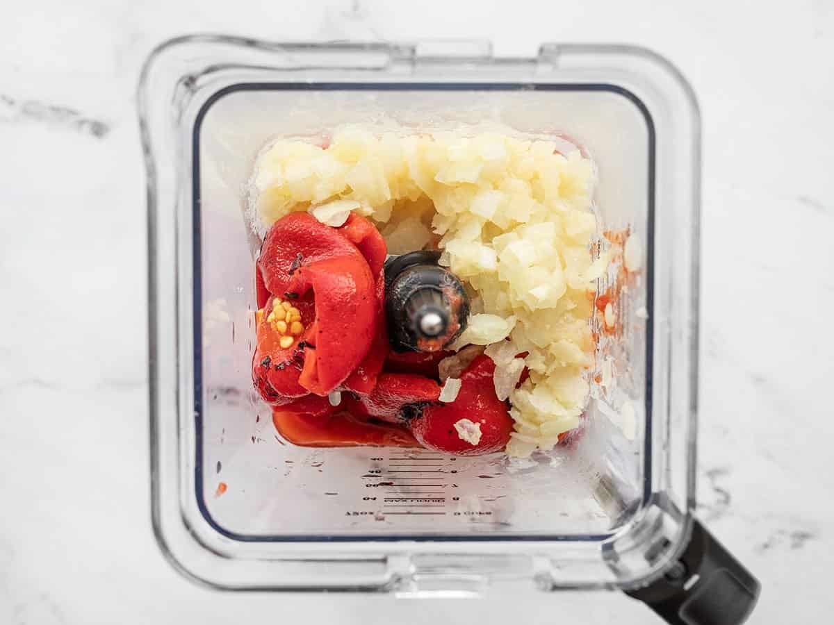 onion mixture and roasted red peppers in a blender.