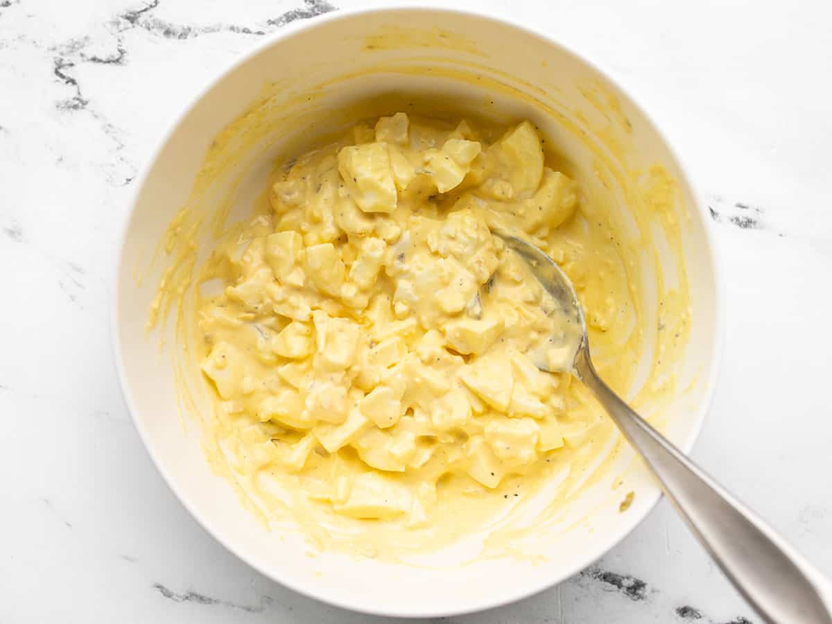 Egg salad all mixed together in the bowl