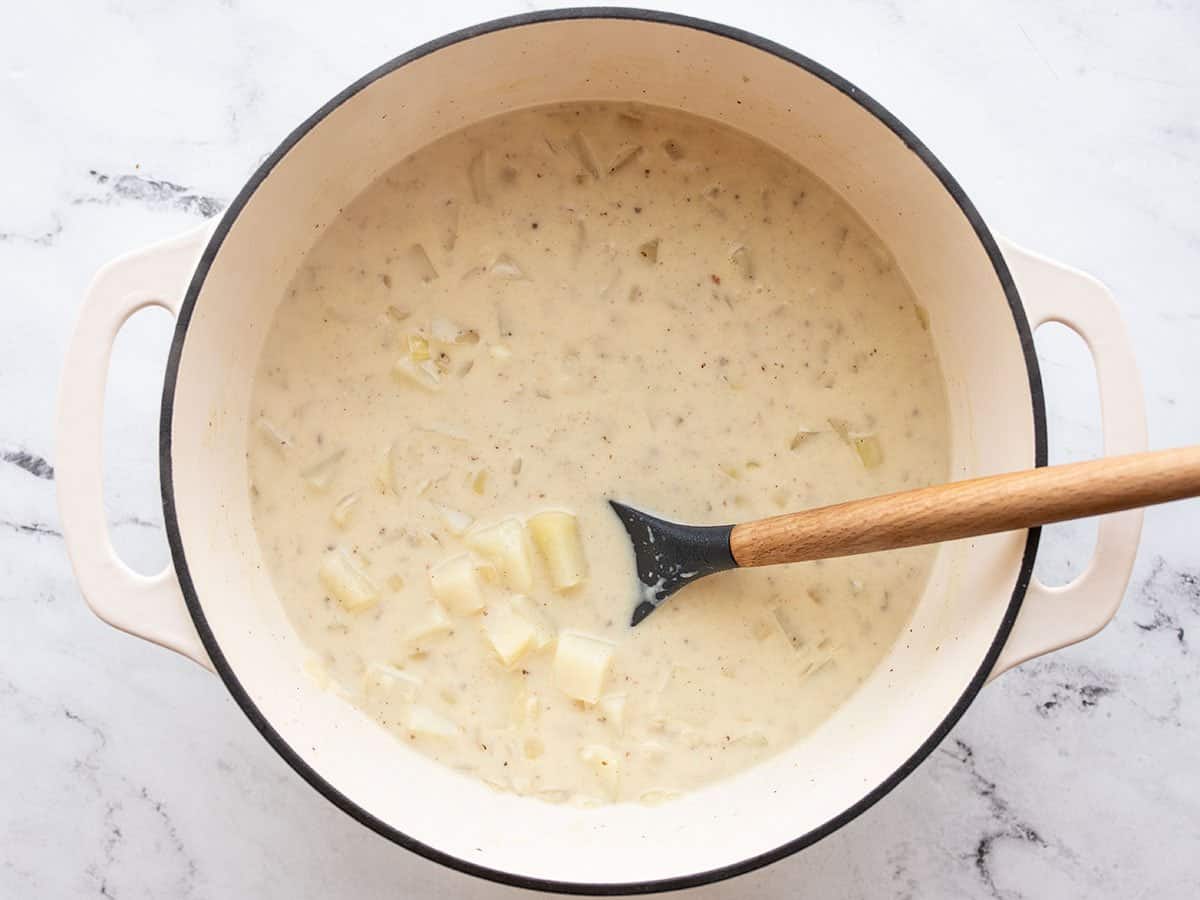 Simmered potato soup in the pot.