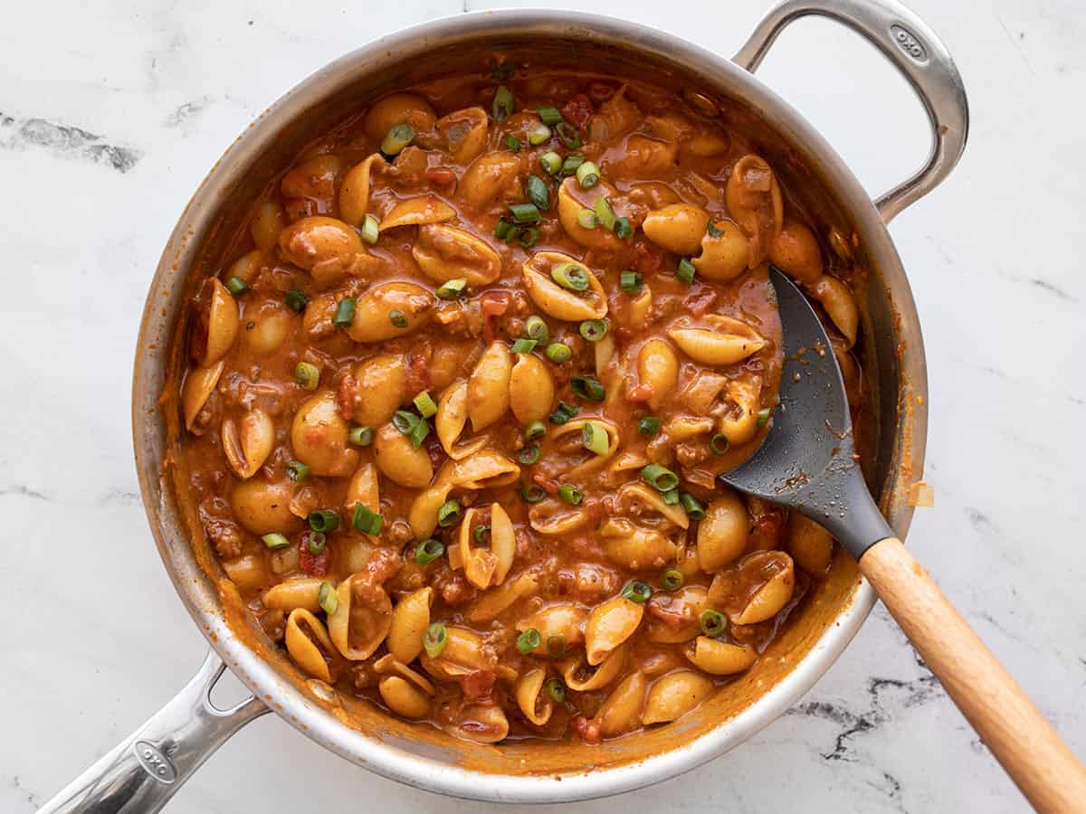 taco pasta topped with green onion