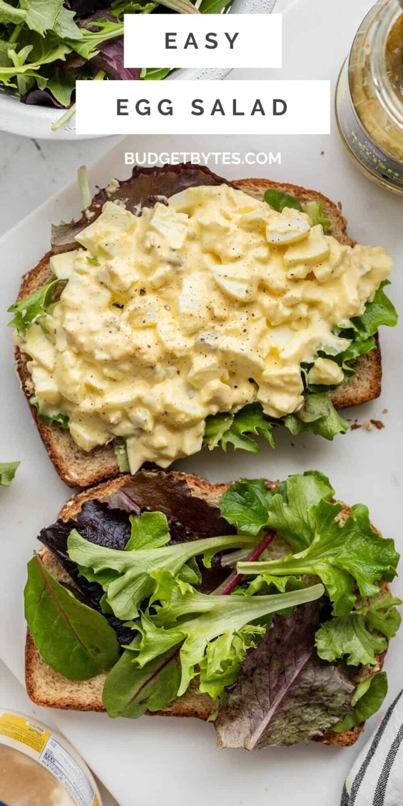 An open egg salad sandwich, title text at the top