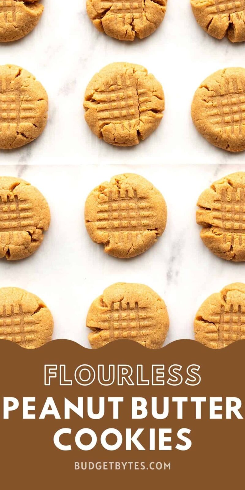 peanut butter cookies lined up on parchment paper, title text at the bottom.