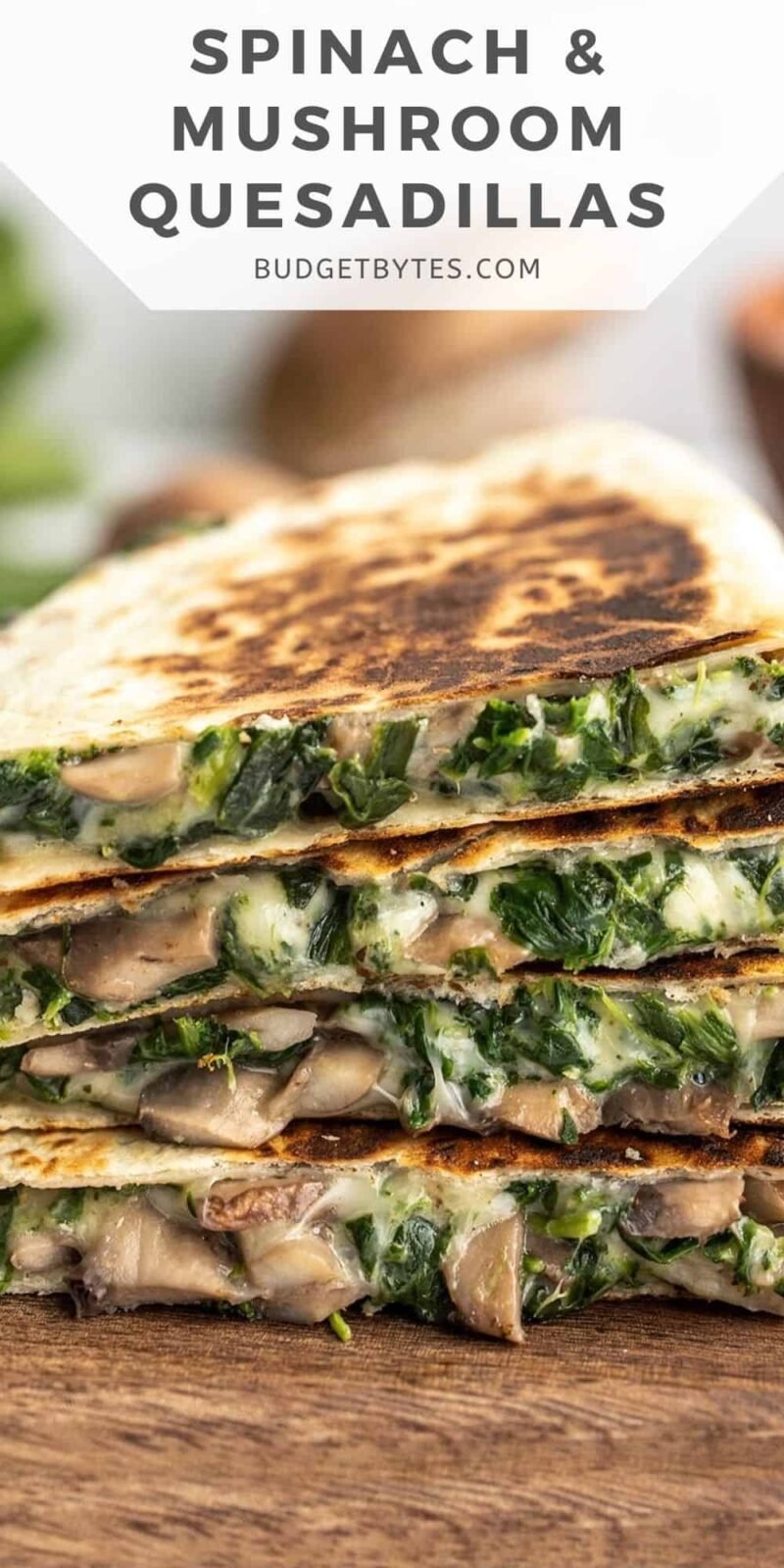 A stack of spinach and mushroom Quesadillas, title text at the top