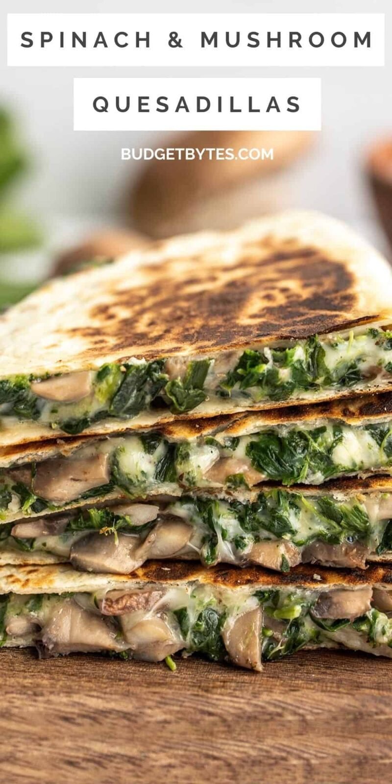 A stack of spinach and mushroom quesadillas, title text at the top