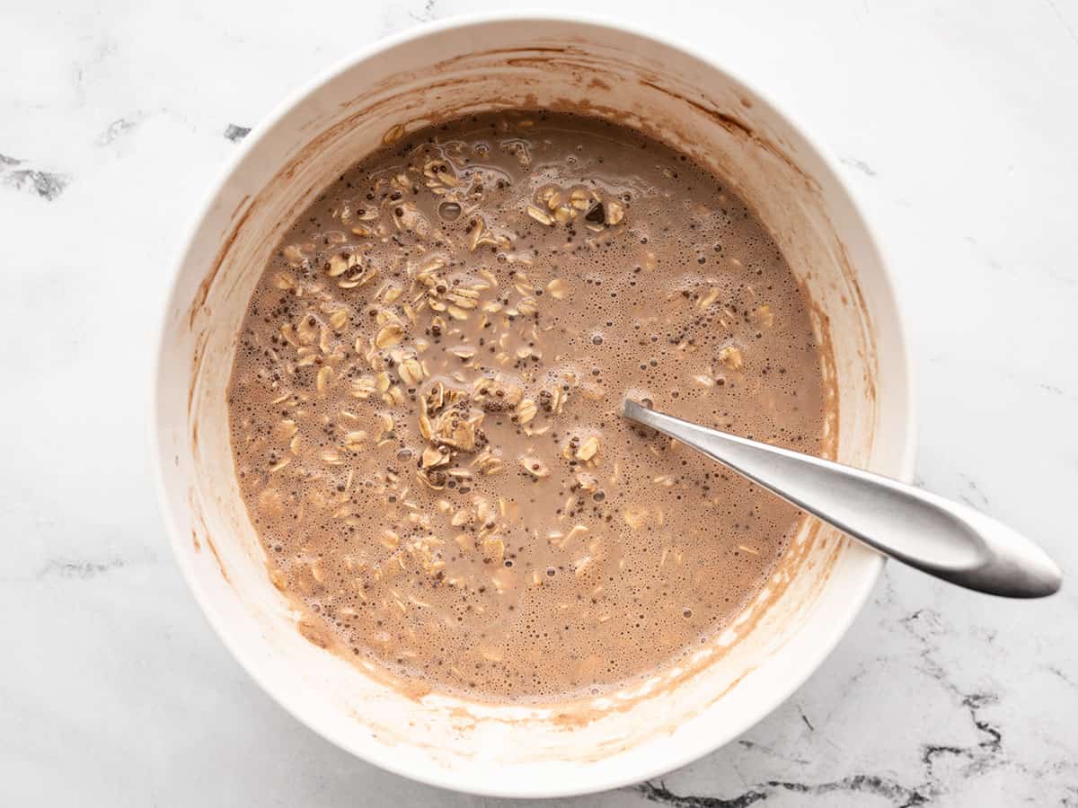 Mixed overnight oats in a bowl