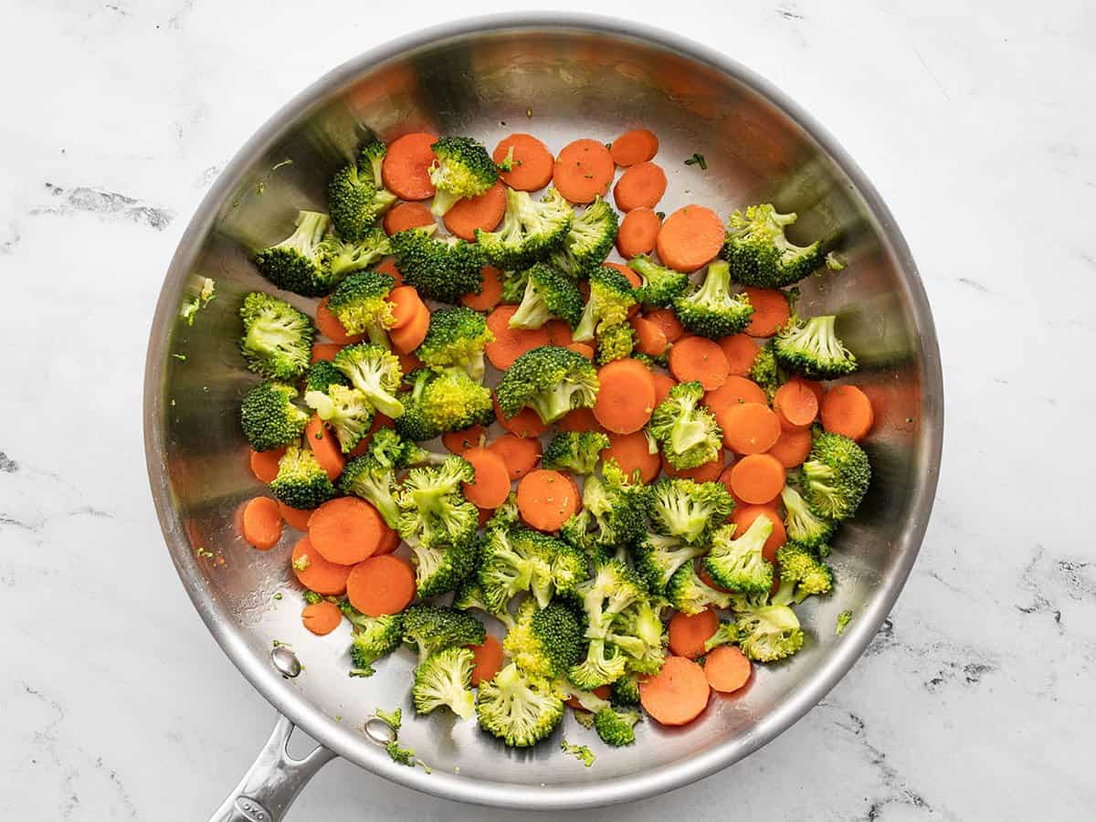 Sautéed broccoli and carrots in the skillet first.
