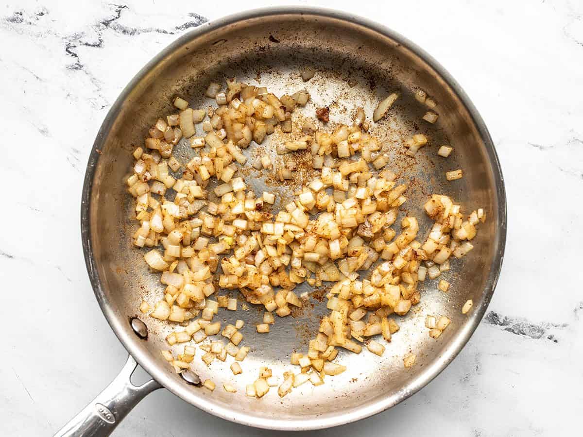 Sauteed onion in the skillet.