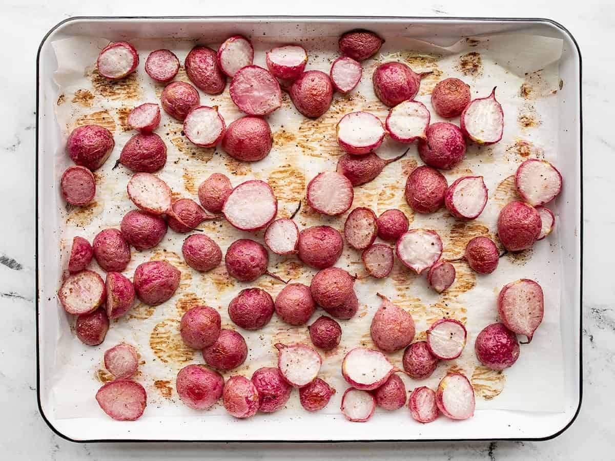 roasted radishes on the sheet pan.