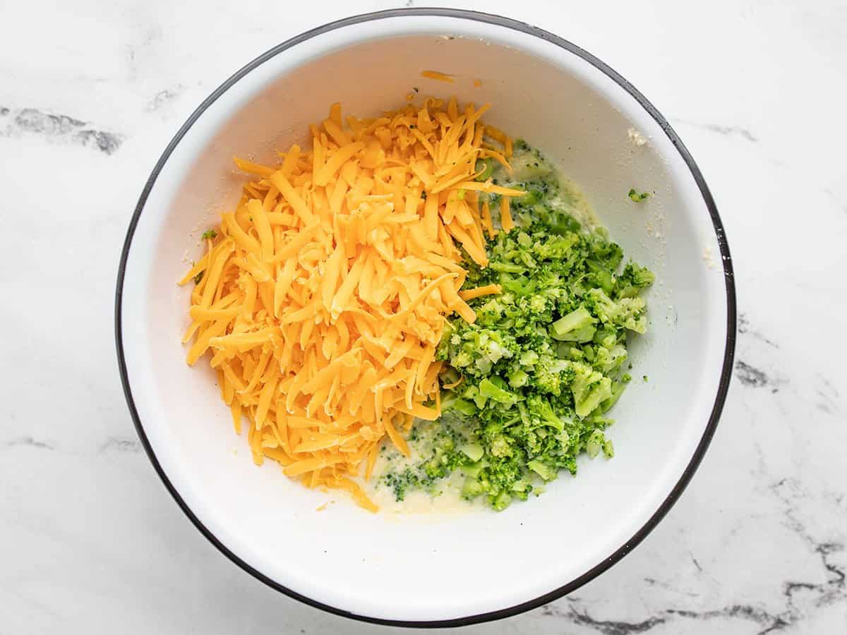 Broccoli and cheddar added to egg mixture.