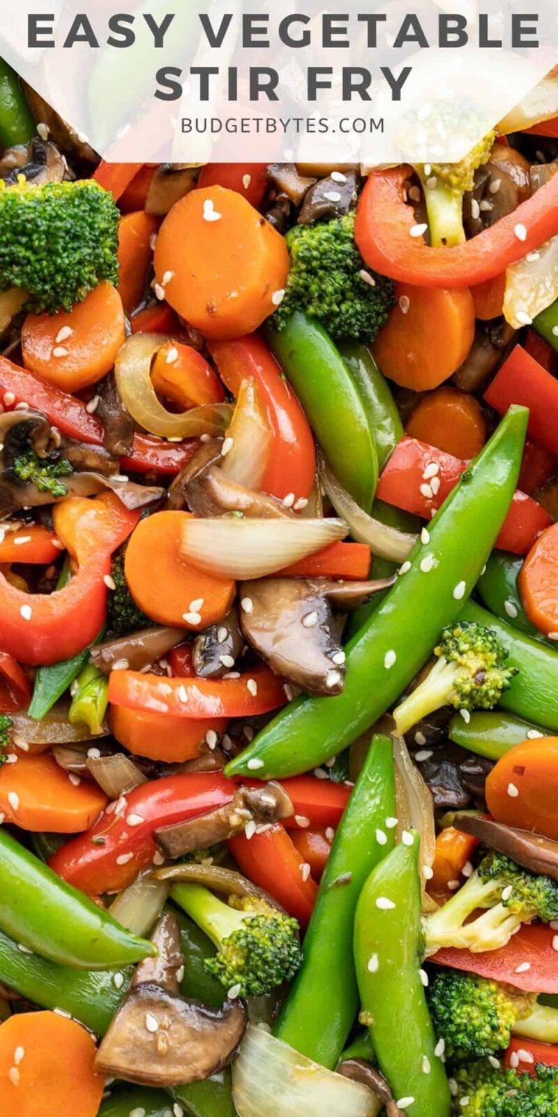 close up of vegetable stir fry with title text at the top