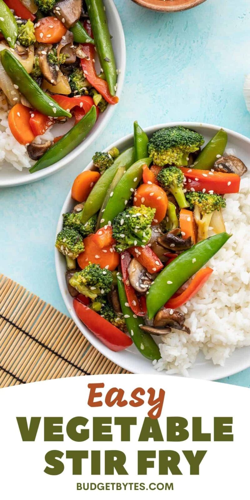 Two bowls of vegetable stir fry with rice, title text at the bottom