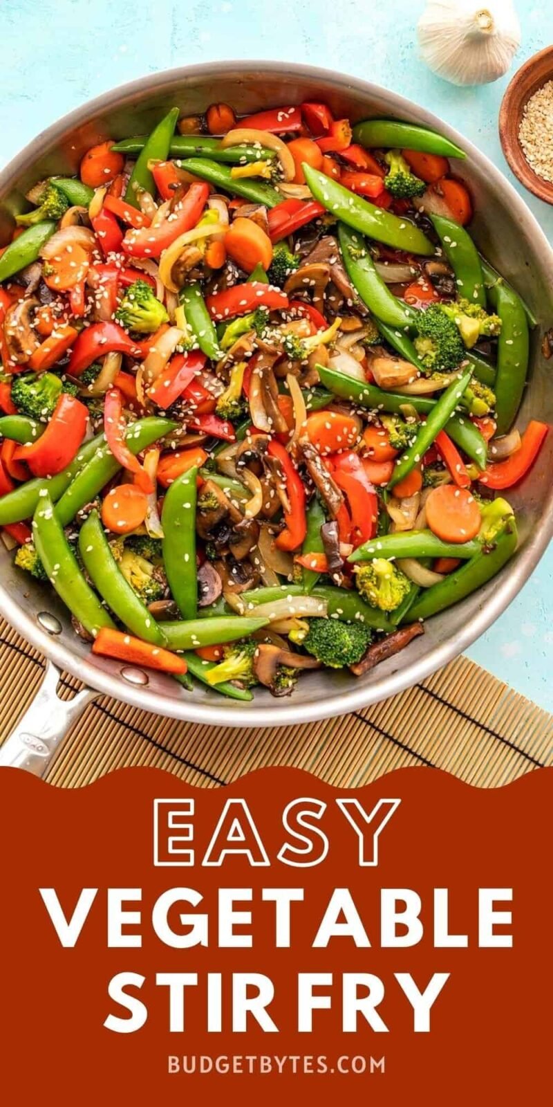 vegetable stir fry in the skillet, title text at the bottom