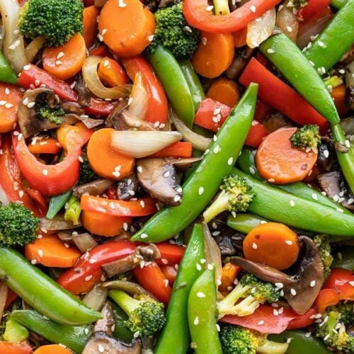 close up of stir fry vegetables from above.