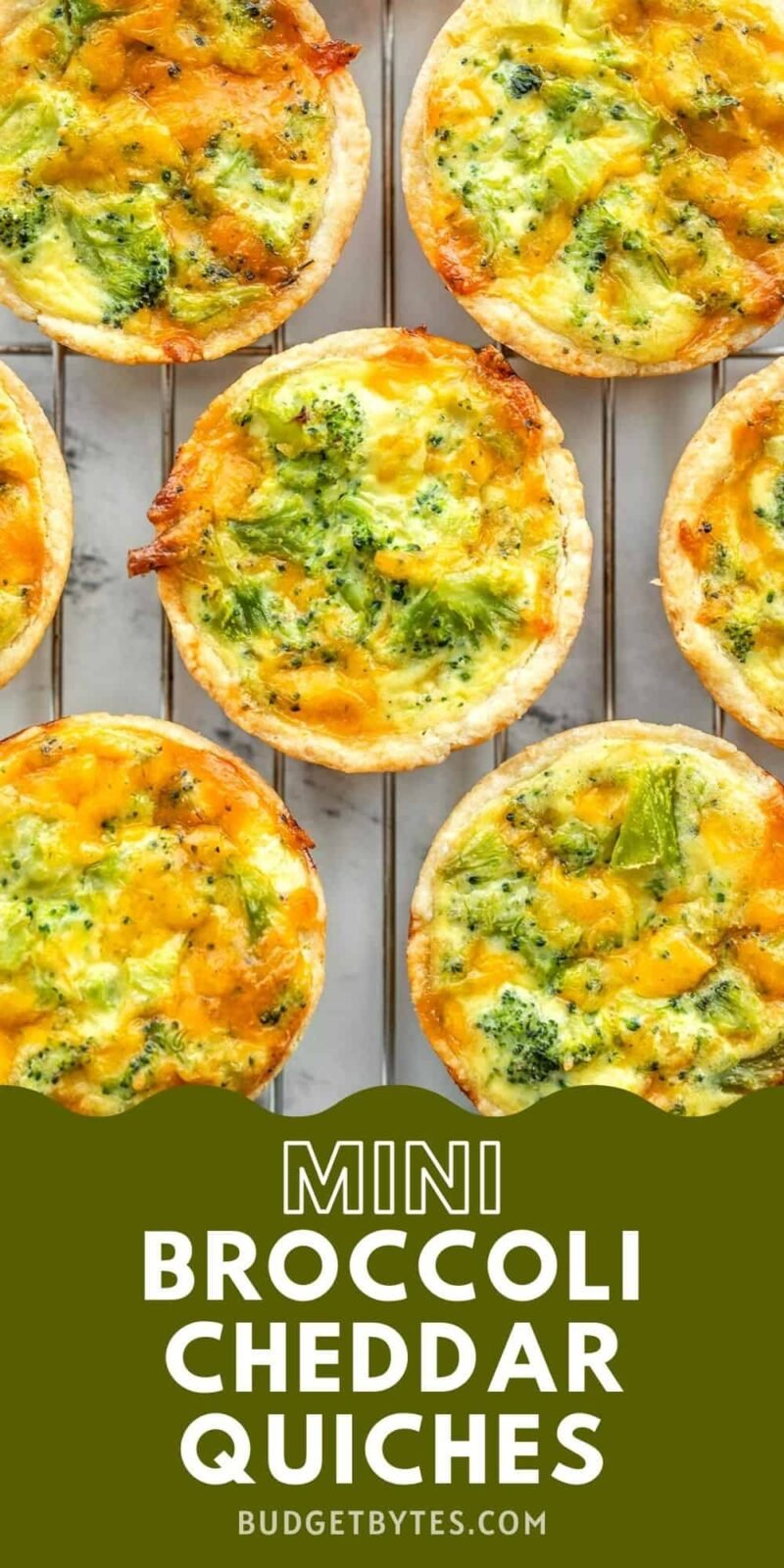 Mini broccoli cheddar quiches on a wire rack, title text at the bottom.