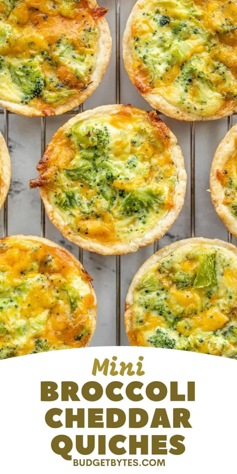 mini broccoli cheddar quiches on a wire rack, title text at the bottom.
