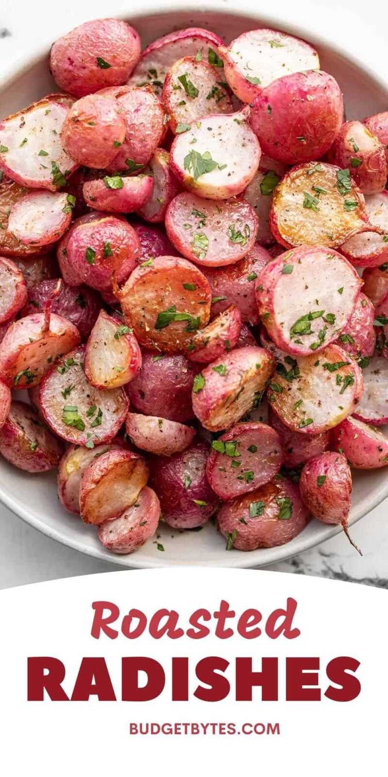 close up overhead view of a bowl of roasted radishes, title text at the bottom.